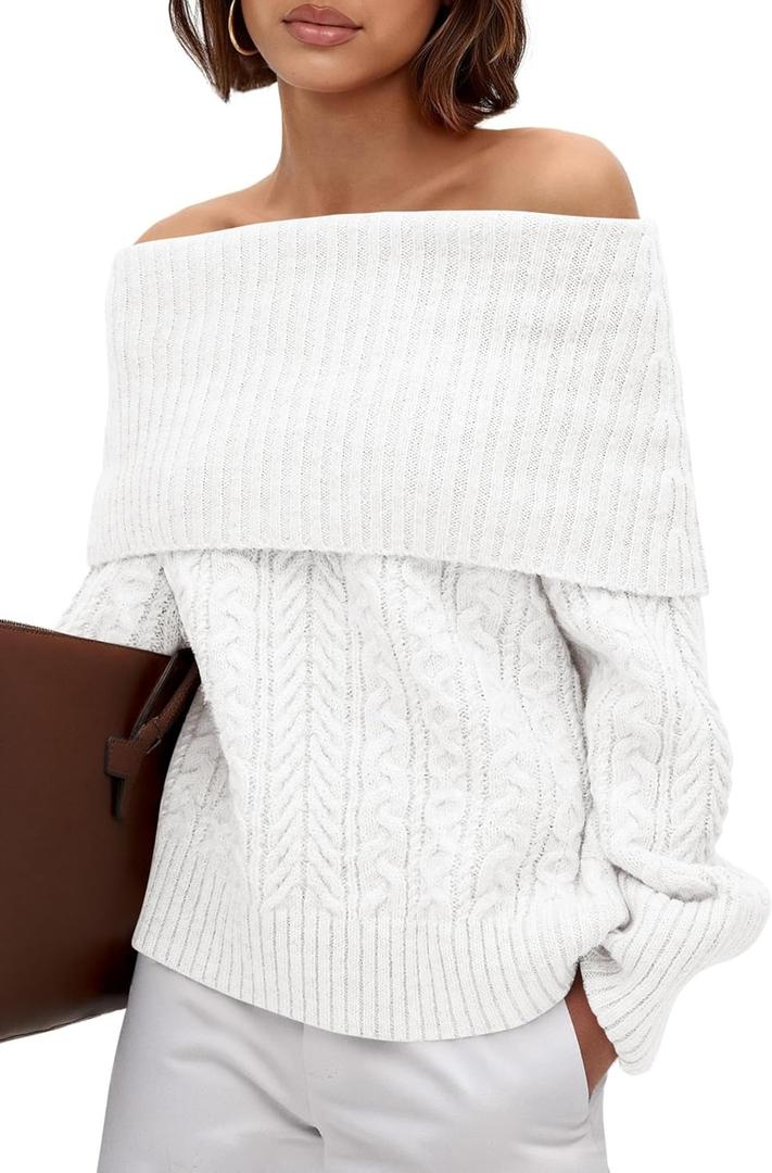 MASCOMODA Womens Sweaters Off The Shoulder Long Sleeve Cable Knit Sweater Loose Chunky Pullover Dressy Work Tops Fall Fashion (White, L)