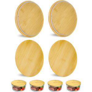 Replacement Wooden Lids for Pyrex, Anchor Hocking Glass Containers 7201-PC*4, Bamboo Lids for Pyrex 4Cup Glass Bowls, Bowl Covers with Leakproof Silicone Gasket 4 Pack