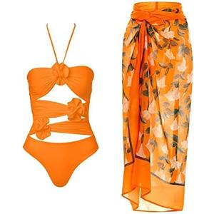 IBAKOM Three Pieces Swimsuits for Women with Matching Wrap Skirt Swim Top Tummy Control Bikin Bottom Mesh Sheer Cover Ups Size S