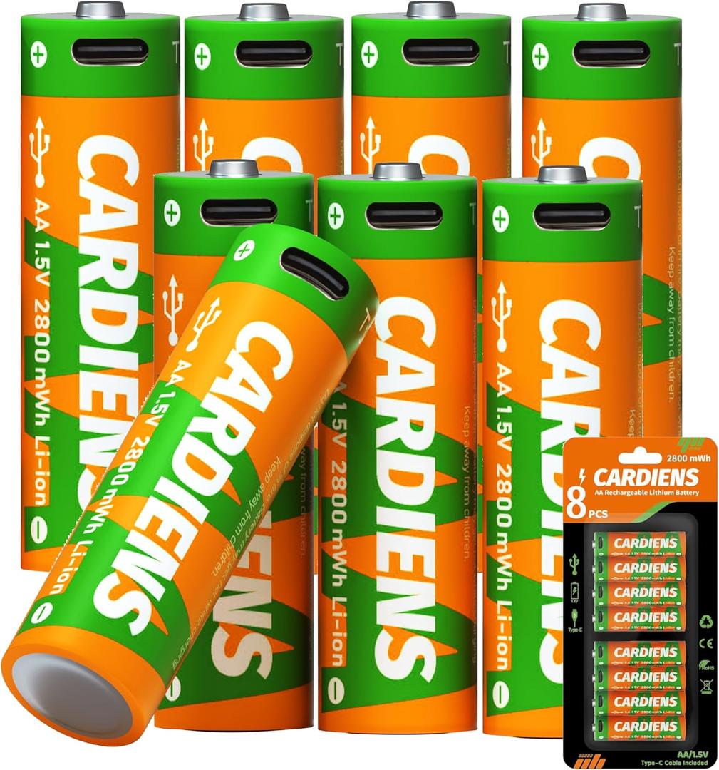 Rechargeable AA Batteries USB 2800mWh Rechargeable Lithium AA Batteries 1.5V Double A Battery with 4-in-1 USB-C Charging Cable and LED Charge Indicator, 8-Pack