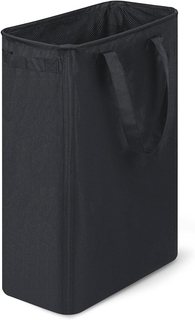 Slim Laundry Hamper, 48L Ultra Thin Collapsible Laundry Basket with Handles, Foldable Basket Laundry Bag Dirty Clothes Hamper for Bathroom Bedroom (Black)