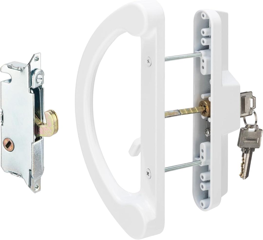 HILLMASTER Sliding Glass Door Handle with Mortise Lock and Key Cylinder,Patio Door Lock with Key Replacement Patio Door Handle Set Sliding Door Lock Fits 3-15/16" Screw Hole Spacing,Reversible Design (White)