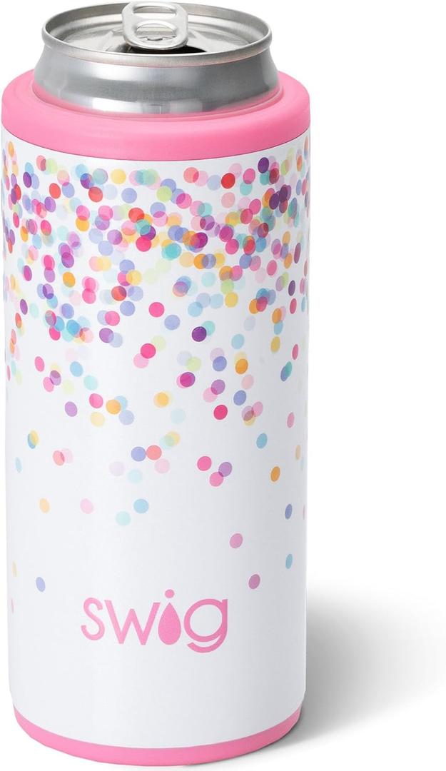 Swig Life Skinny Can Cooler, 12oz Insulated Slim Can Holder, Stainless Steel Cooler, Covers for Tall Beer Bottles, Beach Accessories for Women (Confetti)