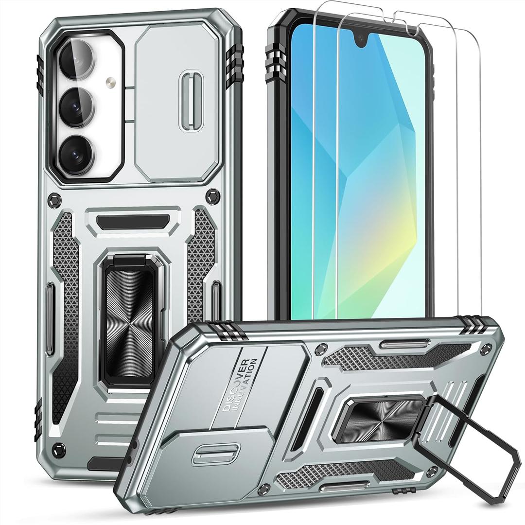 Ezanmull for Samsung Galaxy A17 5G Case with Slide Camera Cover + Screen Protector(2 Packs), Rotated Ring Kickstand Military Grade Shockproof Protective Cover (Grey)