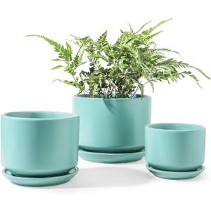 LE TAUCI Ceramic Plant Pots, 4.3+5.3+6.8 inch, Set of 3, Planters with Drainage Hole and Saucer, Indoor Flower Pot with Hole Mesh Pad, Gifts for Mom, Aqua