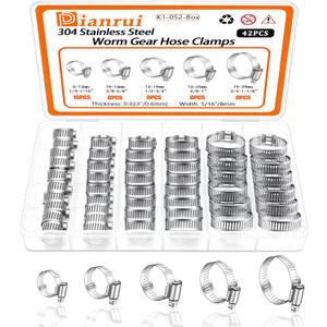 Dianrui 42 PCS Hose Clamps Assortment Kit 1/4"1-1/8" (6-29mm) Hose Clamps Stainless Steel 304 Worm Gear Fuel Line Hose Clamp for pipe, Fuel Line, Plumbing, Intercooler, Tube, Automotive and Marine