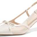 Coutgo Womens Kitten Heels Slingback Mesh Pumps Bow Tie Closed Pointed Toe Two Tone Slip on Work Dress Shoes (7.5, White)