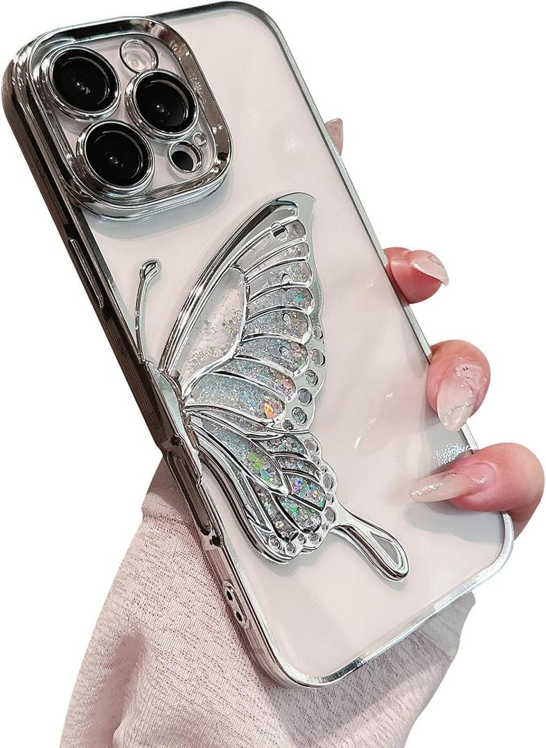 Compatible for iPhone 16 Pro Max Case with Camera Lens Protector, Luxury Electroplated Cute Glitter Butterfly Quicksand Women Girls Phone Cover for iPhone 16 ProMax (Silver Butterfly)