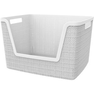 Curver Set of 4 Large 18L Easy Access Jute Decorative Plastic Organization and Storage Baskets - Perfect Bins for Home Office, Closet Shelves, Kitchen Pantry and All Bedroom Essentials, White