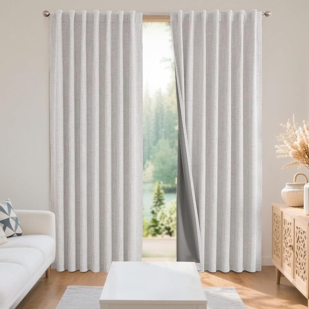 Joydeco Black Blackout Curtains for Bedroom - Linen Curtains84 inch, 100% Thermal Insulated 2 Panels Light Blocking Drapes, Rod Pocket & Back Tabs, Darkening Privacy for Living Room (White)