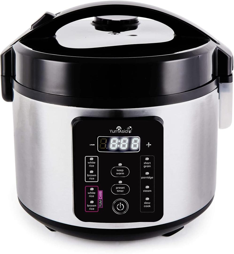 Yum Asia Kumo YumCarb Rice Cooker with Ceramic Bowl and Advanced Fuzzy Logic, (5.5 Cups, 1 Litre), 5 Rice Cooking Functions, 3 Multicooker Functions, 110V US Power (Light Stainless Steel)