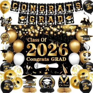 DARUNAXY Black Gold Graduation Party Decorations, Gold Class of 2026 Graduation Banner, 2026 Congrats Grad Honeycomb Hanging Swirl Confetti Balloon Congratulations Graduates Party Supplies(25PC)