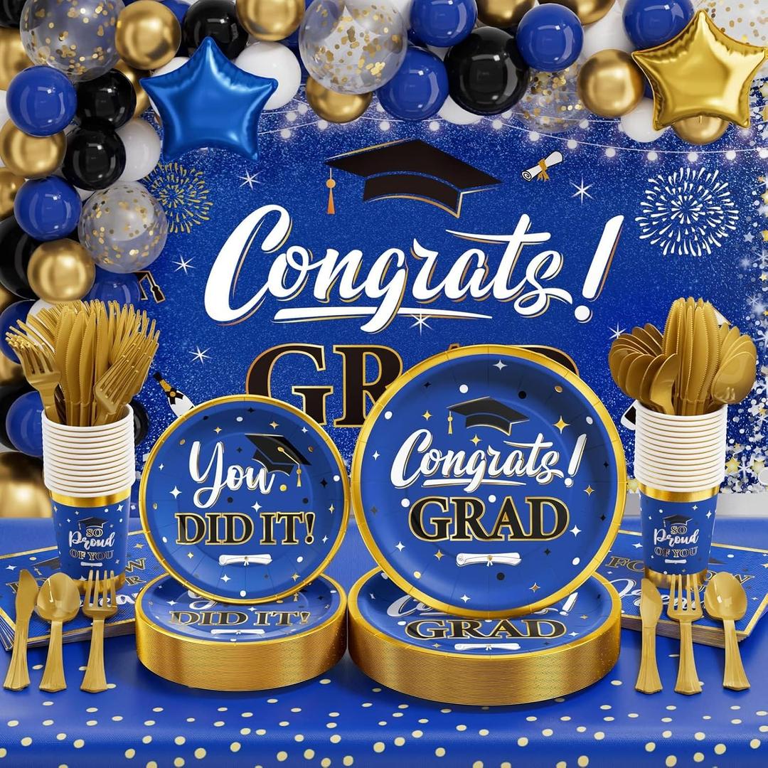 Graduation Party Decoration Supplies Class of 2026, 245 PCS Disposable Dinnerware (Serve 25) & Decor with Paper Plate Cup Napkin Cutlery Tablecloth Backdrop Balloon Garland Kit (Blue & Gold)
