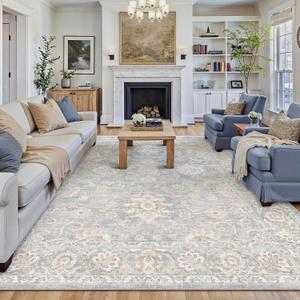 9x12 Blue Cream Area Rug for Living Room Bedroom Neutral Floral Soft Non Slip Rug Low Pile Distressed Large Carpet for Dining Room Nursery Office Indoor