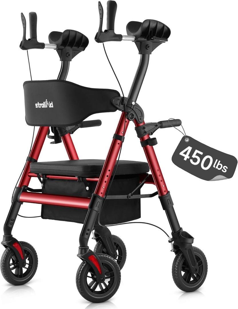 StrollAid Upright Walkers for Seniors, 450 lb Heavy Duty Stand Up Rollator Walker with Adjustable Soft Sponge Arm support & Seat, Tall Standing Folding Rolling Walker with 8'' Wheel, Red