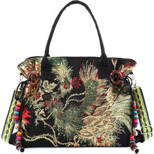 Jursccu Women Canvas Tote Bags Embroidery Handbags Stylish Casual Shoulder Bags