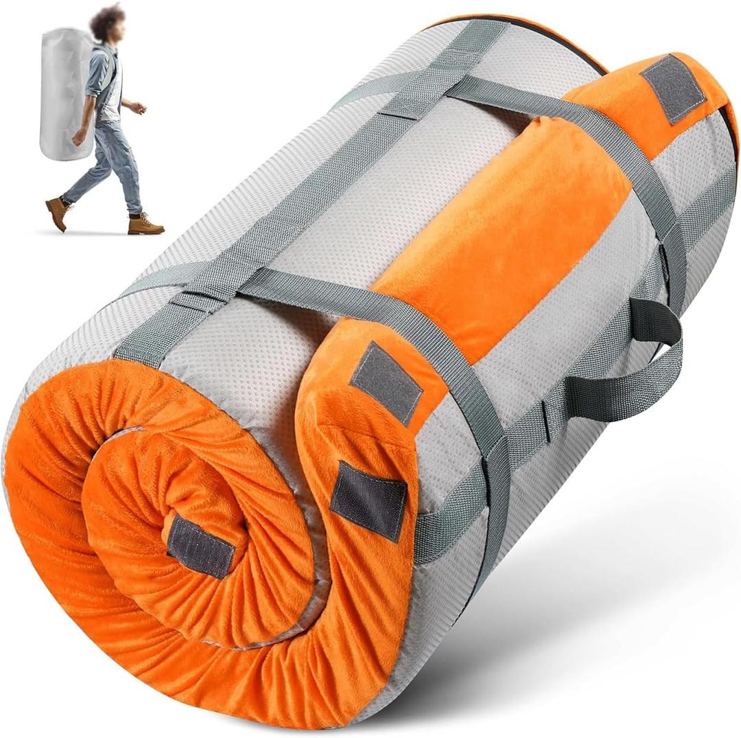 3-inch Thick Memory Cotton Camping Sleeping mat, Suitable for car/Tent/Marching Bed, Portable and Foldable, can be Used as a Luxury Camping mat.Orange.