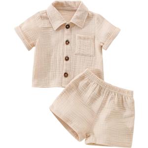 Baby Boys Clothes Set Toddler Infant Boys Button-down Shirt Tops + Cotton Gauze Shorts Summer Outfit 2PCS with Pockets (Beige), 110