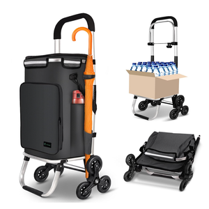 Folding Shopping Trolley on 6 Wheels, Aluminium Lightweight Shopping Cart with Insulated Cooling Bag, 2 Hooks, 2 Side Pockets, Stair Climbing Grocery Trolley