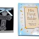 Baby Boy First Bible and 4" Pewter Baptism Guardian Angel Crib Cross (Original Version)-L8