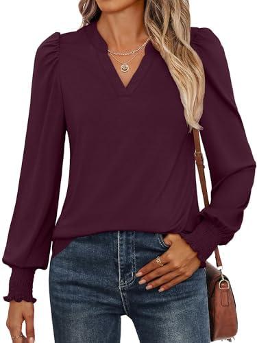 ANRABESS Women's Puff Long Sleeve Shirts V Neck Loose T-Shirts Dressy Casual Work Blouses 2025 Fall Tops Trendy Clothes Size L