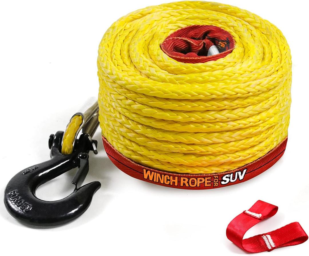 Synthetic Winch Rope 1/2" x 92'-25000 lbs Winch Line with Protective Sleeve,Forged Winch Hook,Safety Pull Strap go for 4WD Road Vehicle Truck SUV ATV UTVYellow