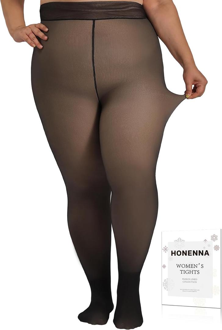 HONENNA Plus Size Fleece Lined Tights, Fake Transparent Curvy Winter Thermal Tights for Women under Dress, medias trmicas (Black)