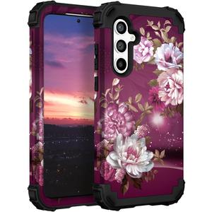Hocase for Galaxy S23 FE Case, Heavy Duty Shockproof Protection Soft Silicone Rubber+Hard Plastic Bumper Hybrid Protective Case for Samsung Galaxy S23 FE 5G (6.4"") 2023 - Burgundy Flowers