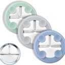 Bakpoco 8" Stainless Steel Toddler Plates with Suction, Divided Plates with Removable Silicone Sleeves for Baby, Non Toxic & BPA Free |Unbreakable |Dishwasher Safe Dinnerware Set of 3, Blue Gray Sage