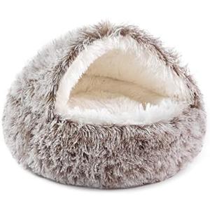 NOYAL Round Hooded Donut Dog Bed for Small & Medium Pets - Plush Fluffy Anti-Anxiety Cat Cave Bed with Cover