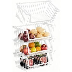 GAOKASE 4 Pcs Stackable Wire Baskets for Pantry Organizers and Storage,Vegetable Fruit Basket for Countertop,Kitchen Storage Metal Baskets,Produce Potato Onion Storage Bin,White