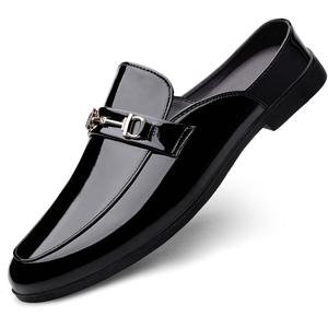 Men's Patent Leather Slip-On Dress Mules Slippers Fashion Printing Comfort Round Toe Low Heel Open Backless Casual Clogs Loafers with Metal Buckle Decoration, Size 46