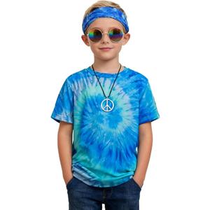 Retro 60s 70s Hippie Boys Costume Set 4Pcs Disco Party Outfit with Tie-Dye Shirt, Peace Necklace for Kids Medium