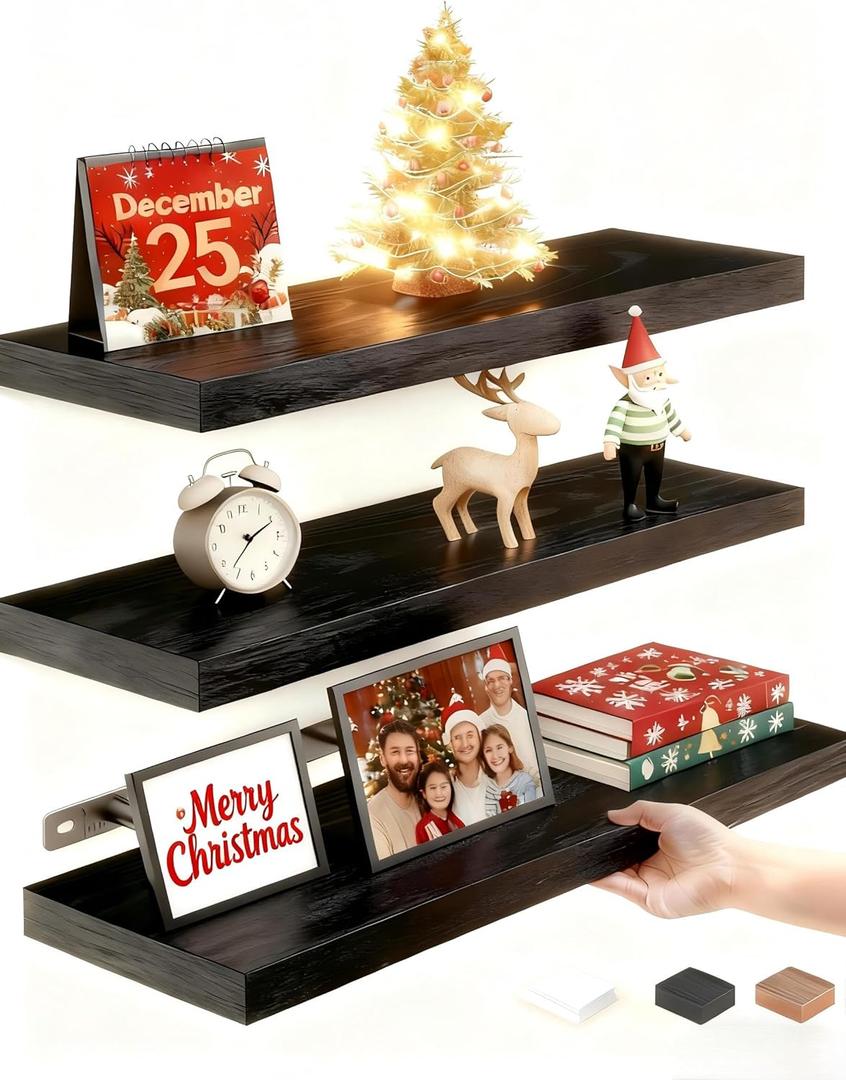 Vervida Floating Shelves for Wall, 15" Rustic Wood Deep Wall Mounted Shelves with Invisible Brackets for Decor & Storage, Floating Shelf for Living Room, Bathroom (Black, Set of 3)