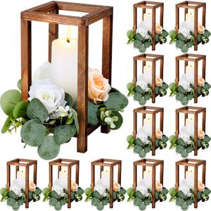 Geelin 12 Set Wooden Wedding Lantern Centerpiece Decor Baptism Lantern Candle Holder for Table Centerpiece Wedding Party Baby Shower Home Country Porch Patio Decor(10.59'',Wood Color)
