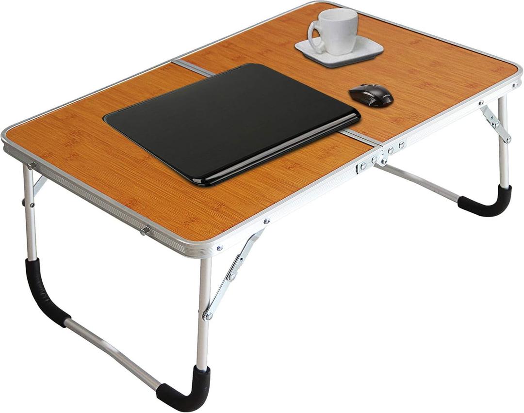 Foldable Laptop Table, Bed Desk, Breakfast Serving Bed Tray, Portable Mini Picnic Table & Ultra Lightweight, Folds in Half with Inner Storage Space (Bamboo Wood Grain)