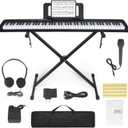 88 Key Piano Keyboard, Electric Digital Piano with Semi Weighted Keys, Keyboard Piano with Sustain Pedal, Power Supply, Stand, Carrying Case, Headphones, USB-MIDI Compatibility, for Beginner Adults