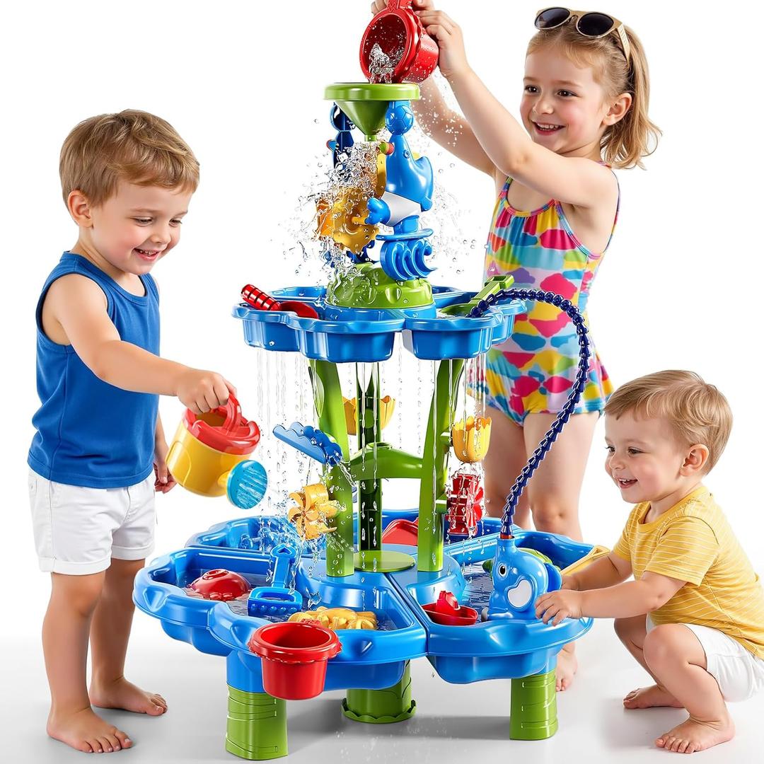 2-Tier Auto Water Table with Pump, Summer Outdoor Beach Outside Backyard Activity Sensory Sand Water Table, Birthday Party Gifts for Kids Boys and Girls Ages 3 4 5 6 7 8