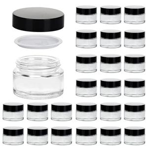 1oz Glass Jar with Lid, Hoa Kinh 16Pack Clear Round Containers Cosmetic Glass Jars with Inner Liners and Black Lids Travel Jars for Storing Lip and Body Scrub, Lotion, Body Butter, Bath Salts, Liquid