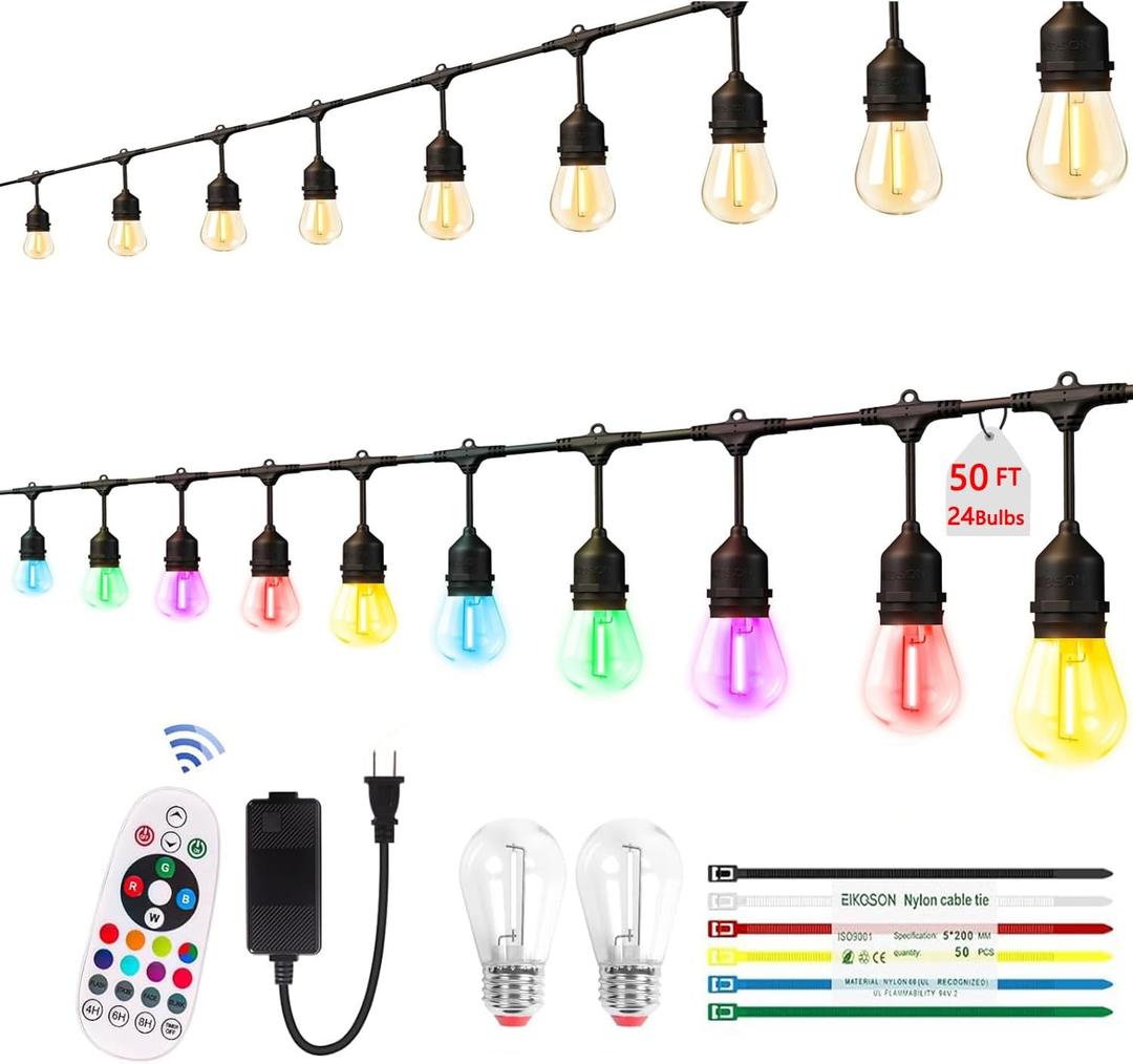 50FT Outdoor String Lights, Outdoor Lights for Patio,with 24+2 LED RGBW Color Change,3000K Bright White Waterproof Bulbs, Dimmer & Remote, Customized 12 Colors & 4 Modes, for Backyard Decor