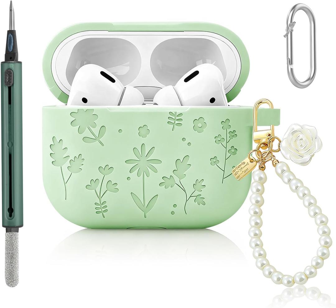 CAISATEQ Compatible with AirPods Pro 3 Case 2025, Cute Floral Engraved Soft Silicone Cover with Rose Pearl Keychain and Cleaning Kit, Shockproof and Dustproof, 6 Colors (Matcha Green)