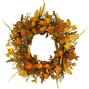 YNYLCHMX 18" Fall Wreaths for Front Door, Artificial Autumn Wreath with Cape Gooseberry and Ginkgo Leaves for Home Porch Window Wall Farmhouse Decor, Indoor Outdoor, Holiday Decor