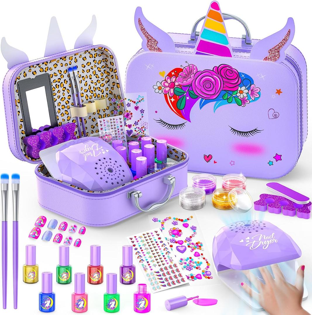 Kids Nail Polish Set for Girls, Non-Toxic All-in-One Nail Art Kit with Nail Dryer and Peelable Nail Polish, Ideal Gift Toys for Girls Age 3-12