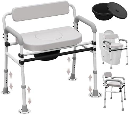 Adjustable Medical Bedside Commode Chair with Padded Backrest, Drop Arm Support, Height Adjustable, Gray
