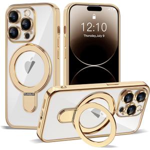 Compatible with iPhone 14 Pro Max Case with Invisible Magnetic Ring Stand [Compatible with Mag-Safe] [Full Camera Lens Protector] Plating Clear Phone Case for iPhone 14 Pro Max 6.7", Gold