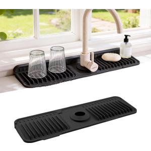 ZJWZLG Faucet Mat for Kitchen Sink, 17.7"X5.5" Silicone Sink Splash Guard with Soap Holder, Snap-On Design & 7slope Fast Drain, Folding Sink Faucet Mat for Universal Kitchen Bathroom SinkBlack