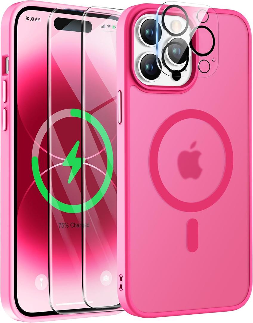 ORETECH for Magnetic iPhone 14 Pro Case, MagSafe Compatible, 15FT Drop Protection, Shockproof, Anti-Scratch, Frosted Translucent Back Phone Case with Screen & Camera Lens Protectors, Hot Pink