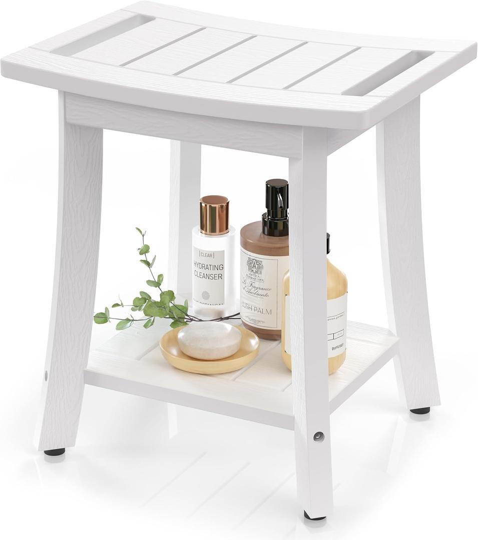Waterproof Shower Benches for Inside Shower, Poly Lumber Shower Stool with Storage Shelf & Adjustable Feet, SPA Bathroom Seat Chair for Shaving Legs, Indoor or Outdoor Use, White