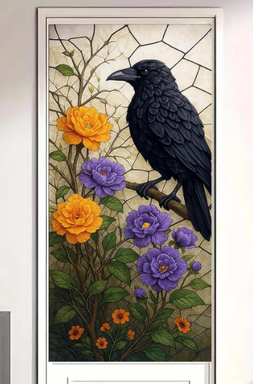 Raven Window Film Gothic Stained Glass Style Privacy Panel Static Cling Decorative Cover for Entryway Door Study Room Library 17.7x39.3 inch