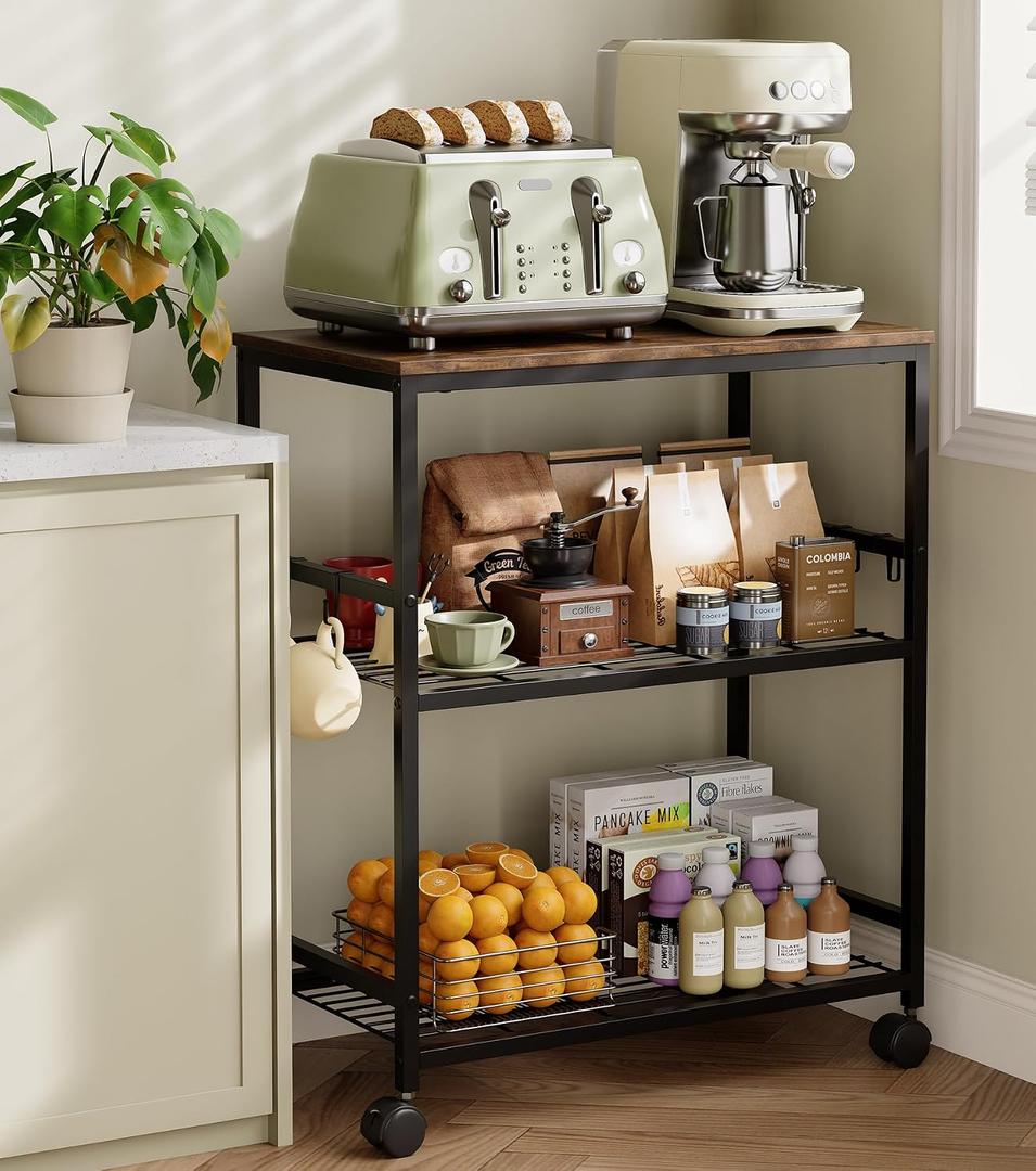 Kitchen Rolling Cart, 3-Tier Microwave Stand with Lockable Wheels, One-Piece Shelf, Kitchen Utility Storage Cart for Coffee Bar,Apartment, Dorm, Laundry Room, Office, 23.6" x 15.7" x 27.6", Brown